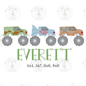 Little Boy monster truck trio sketch fill, light fill, quick stitch machine embroidery design file by cotton gin digitizing four sizes