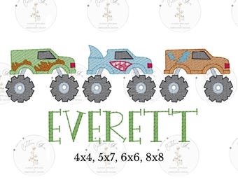 Little Boy monster truck trio sketch fill, light fill, quick stitch machine embroidery design file by cotton gin digitizing four sizes