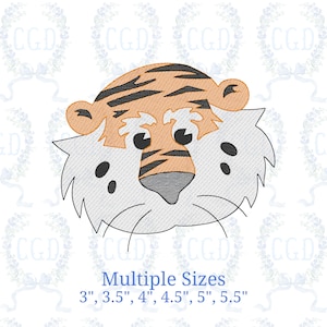 May include: An embroidered tiger face design featuring orange fur with black stripes, white cheeks, and a dark gray nose. The text below reads Multiple Sizes 3", 3.5", 4", 4.5", 5", 5.5". The design includes black eyes and whiskers on a white background.