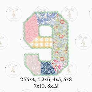 Könnte beinhalten: Eine Patchwork-Nummer neun in verschiedenen floralen und geometrischen Mustern, umrandet von Grün. Die Nummer ist in mehreren Größen erhältlich: 2,75 x 4, 4,2 x 6, 4 x 5, 5 x 8, 7 x 10 und 8 x 12 Zoll.