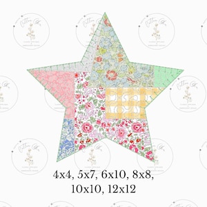 以下が含まれることがあります： 緑色の輪郭とピンク、青、黄色、白の花柄の入ったパッチワークの星形デザイン。デザインは、4x4、5x7、6x10、8x8、10x10、12x12インチのさまざまなサイズでご利用いただけます。