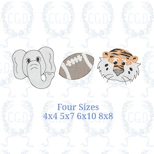 May include: Embroidered designs of an elephant, football, and tiger head. The text "Four Sizes" is below the images, followed by size options: 4x4, 5x7, 6x10, and 8x8.