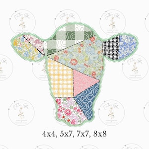 May include: A patchwork quilt design of a cow head in various floral and geometric patterns, including green, blue, pink, yellow, and white. The design is outlined in green and has a stitched look. The text "4x4, 5x7, 7x7, 8x8" is below the image.