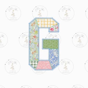 May include: A patchwork letter G made of different floral and geometric fabric patterns. The letter is outlined in blue and has a stitched look.