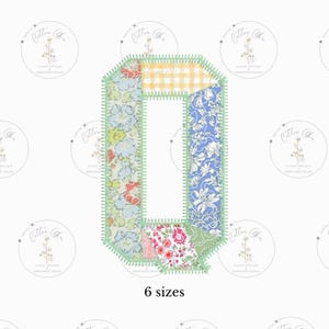 May include: A patchwork letter O in six sizes. The letter is made of different floral and checkered fabrics in shades of blue, green, pink, and yellow. The letter is outlined in green stitching.