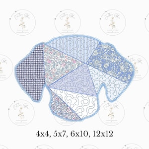May include: A blue and white patchwork design of a dog silhouette. The design is available in four sizes: 4x4, 5x7, 6x10, and 12x12 inches.
