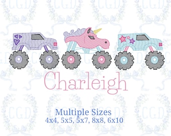 Little Girl monster truck trio sketch fill, light fill, quick stitch machine embroidery design file by cotton gin digitizing four sizes