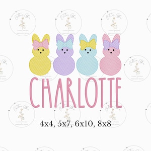 May include: Embroidered design featuring four pastel-colored Peeps with bows, the name "CHARLOTTE" in pink lettering, and the sizes "4x4, 5x7, 6x10, 8x8".