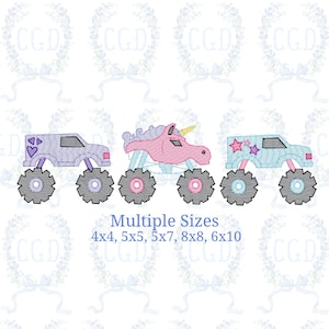 May include: Embroidered designs of monster trucks in lavender, pink, and light blue, each with large wheels. One truck features hearts, another a unicorn head, and the last has stars. Text at the bottom reads "Multiple Sizes" with size options.