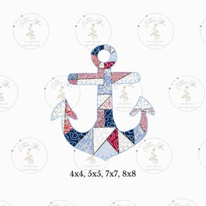 May include: A patchwork anchor design in red, white, and blue. The anchor is made up of different fabric patterns, including gingham, floral, and paisley. The design is perfect for a nautical themed project.