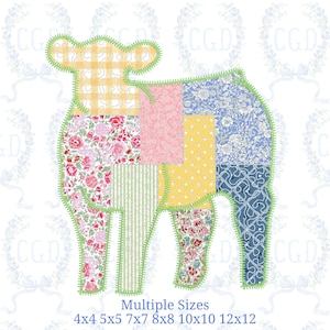May include: A patchwork lamb design with a green stitched outline. The lamb is composed of various fabric patterns, including floral, plaid, and striped designs in pink, yellow, and blue. Text at the bottom reads "Multiple Sizes" with size dimensions.