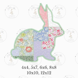 May include: A patchwork bunny embroidery design in various floral patterns, including pink, blue, and green. The design is available in multiple sizes: 4x4, 5x7, 6x6, 8x8, 10x10, and 12x12 inches.