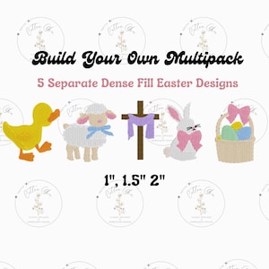 May include: Five Easter-themed embroidery designs, including a duck, lamb, cross, bunny, and basket of eggs. The designs are available in three sizes: 1 inch, 1.5 inches, and 2 inches.