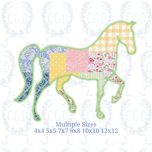 May include: A patchwork horse silhouette with a green outline and various floral and patterned fabrics in shades of blue, yellow, pink, and red. The text "Multiple Sizes" and size options are displayed below the horse.