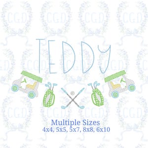 Könnte beinhalten: Gesticktes Design mit dem Namen "TEDDY" in Hellblau, begleitet von Golf-Illustrationen. Enthält Golfwagen, Golftaschen und gekreuzte Golfschläger. Auf weißem Hintergrund mit floralen Akzenten.