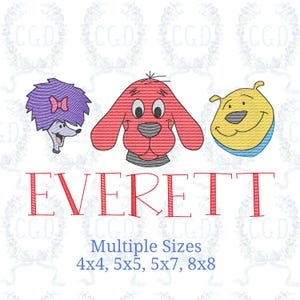以下が含まれることがあります： 赤、紫、黄色の漫画の犬の顔が3つ刺繍されたデザイン。犬の下には赤で「EVERETT」という名前が刺繍されています。下部のテキストには「Multiple Sizes」と寸法が記載されています。