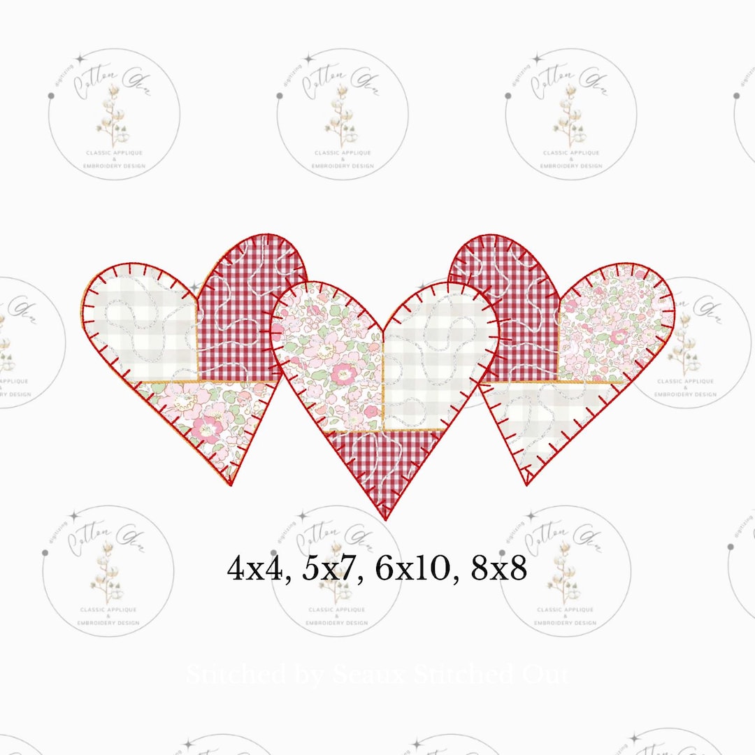 Quilted Patchwork Valentines Day Trio Heart Applique Machine Embroidery ...
