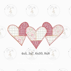 Könnte beinhalten: Drei rote Patchwork-Herzen mit weißen und rosa Blumenmustern, in einer Reihe angeordnet. Die Herzen sind mit roten Nähten umrandet. Der Text "4x4, 5x7, 6x10, 8x8" befindet sich unter den Herzen.