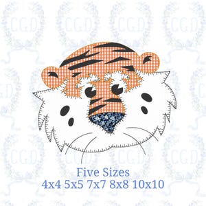 May include: A tiger face design with orange and black stripes, orange gingham, and a blue floral nose. The design is stitched onto a white background. The text "Five Sizes" and size dimensions are below the tiger face.