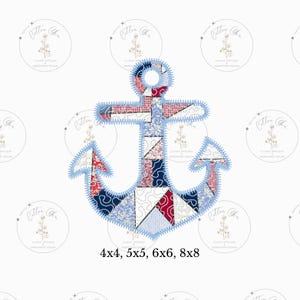 May include: A blue anchor with a patchwork design in red, white, and blue. The anchor is outlined in blue and has a white background.