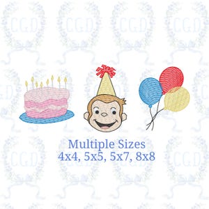 Puede incluir: Diseños bordados con una tarta de cumpleaños con velas, un mono con un gorro de fiesta y tres globos. También se incluye el texto "Multiple Sizes" y las opciones de tamaño.