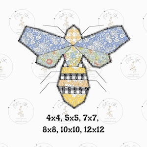 May include: A patchwork bee design in yellow, black, blue, and green fabric. The bee is made up of different shapes and sizes of fabric, and the design is outlined in black thread. The bee is surrounded by a white background with the text "4x4, 5x5, 7x7, 8x8, 10x10, 12x12" printed below.