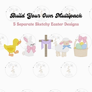 May include: Five separate embroidery designs for Easter, featuring a duck, bunny, cross, lamb, and a basket of eggs. The designs are in a sketchy style.