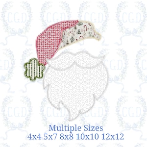 Puede incluir: Un diseño de Papá Noel con un gorro a cuadros rojos y blancos, una barba blanca y un acento verde y blanco. La imagen incluye el texto "Multiple Sizes" y opciones de tamaño: 4x4, 5x7, 8x8, 10x10 y 12x12.