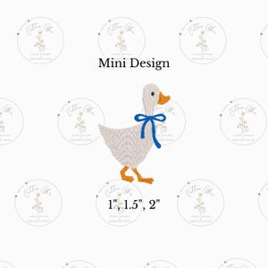 May include: Embroidered design of a white goose with a blue ribbon around its neck. The goose is standing on a white background. The design is available in three sizes: 1 inch, 1.5 inches, and 2 inches.