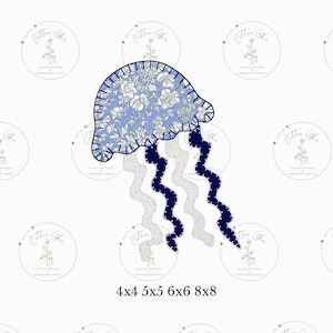 Puede incluir: Un diseño de medusa floral azul y blanco con tentáculos azul oscuro. La medusa tiene un borde festoneado y está etiquetada con los tamaños 4x4, 5x5, 6x6 y 8x8.