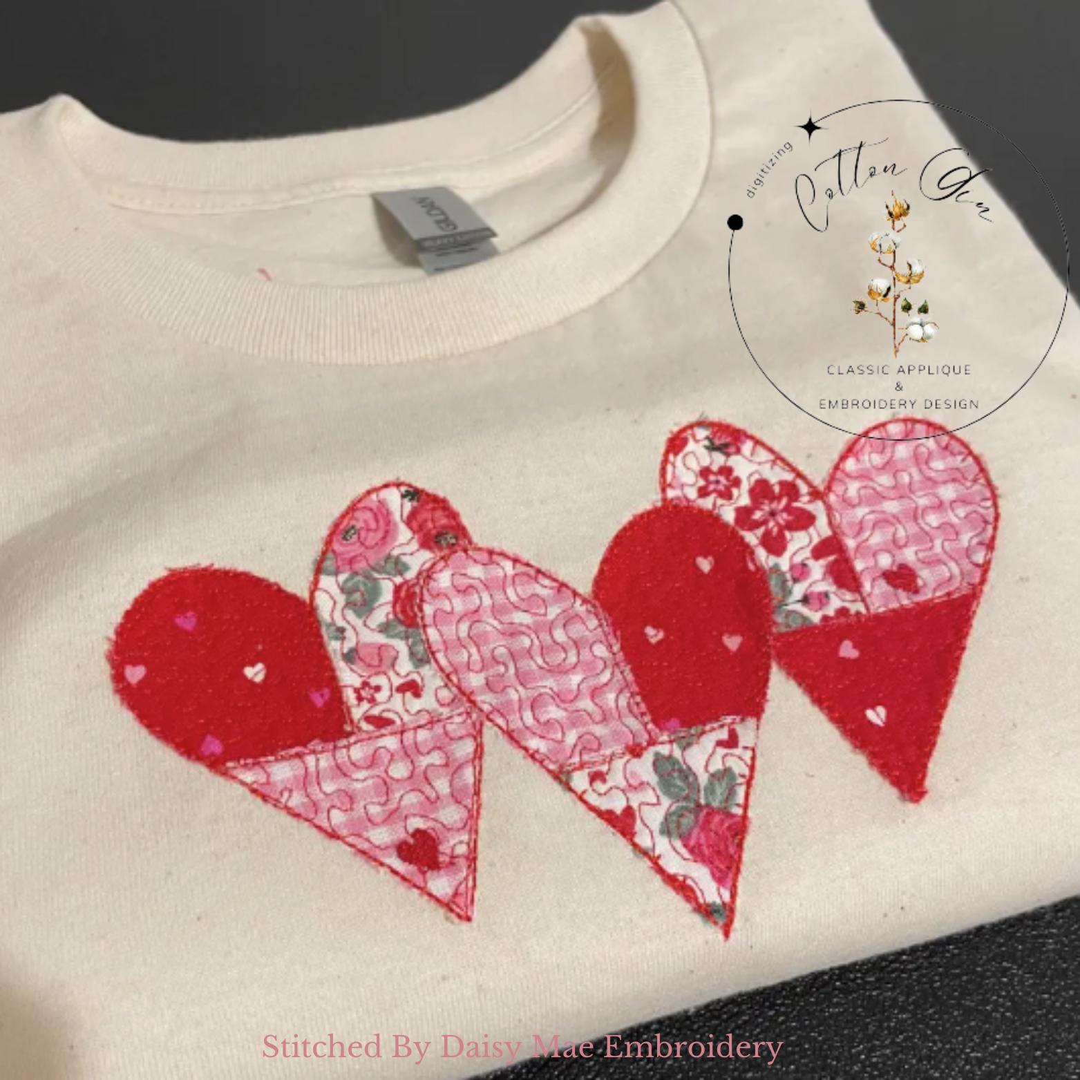Quilted Patchwork Valentines Day Trio Heart Applique Machine Embroidery ...