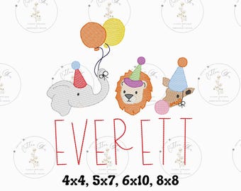 Party Safari Animals Birthday trio sketch fill, light fill, quick stitch machine embroidery design file by cotton gin digitizing four sizes