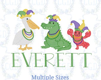 Mardi Gras Pelican Alligator Crawdad Trio sketch light fill, quick stitch machine embroidery design download file by cotton gin digitizing