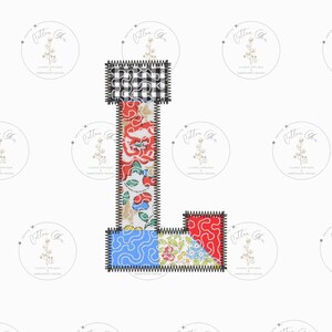 May include: A patchwork letter L made of different fabric scraps. The letter is in a variety of colors, including red, blue, green, and white. The fabric scraps are sewn together with a zig-zag stitch.
