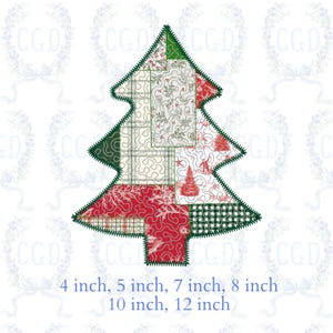 May include: A Christmas tree-shaped design with a patchwork pattern. The tree is outlined in green with a zig-zag edge. The patchwork includes red, green, and white fabrics with various patterns. Sizes available: 4, 5, 7, 8, 10, and 12 inches.