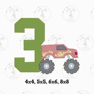 May include: Green number three with a red monster truck with flames on the side. The truck has black wheels. The image includes the text "4x4, 5x5, 6x6, 8x8".