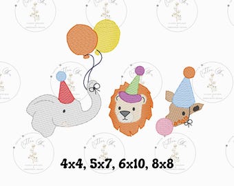 Party Safari Animals Birthday trio sketch fill, light fill, quick stitch machine embroidery design file by cotton gin digitizing four sizes
