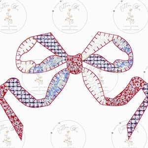 May include: An embroidered bow design with a red outline and various patterned fabrics in blue, white, and red. The bow features a gingham, floral, and solid fabric pattern. The design is surrounded by the text "Cotton Gin" and "Classic Applique & Embroidery Design".