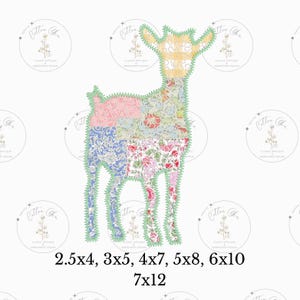May include: A patchwork quilt design of a goat in various floral patterns, including pink, blue, yellow, and green. The design is available in multiple sizes, including 2.5x4, 3x5, 4x7, 5x8, 6x10, and 7x12 inches.