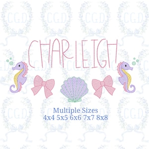 May include: A digital design featuring the name "CHARLEIGH" in pink, accompanied by seahorses, bows, and a seashell. The seahorses are purple and yellow, and the bows are pink. The design is available in multiple sizes.