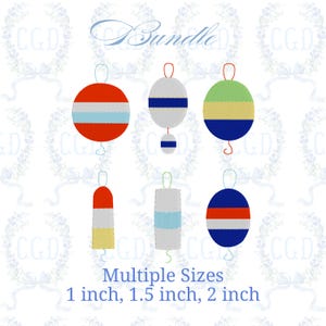 May include: A collection of embroidered nautical buoy designs in various shapes and colors, including red, white, blue, and yellow. The buoys are adorned with horizontal stripes and are available in 1, 1.5, and 2-inch sizes. The word "Bundle" is written in cursive.