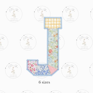 May include: A patchwork letter J in blue, pink, and yellow floral fabric with a yellow and white gingham fabric at the top. The letter is outlined in blue stitching. The text "6 sizes" is below the letter.