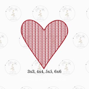 May include: Red heart-shaped embroidery design with a pattern of small hearts. The design is available in sizes 3x3, 4x4, 5x5, and 6x6 inches.