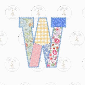 May include: A patchwork letter W made of different floral and checkered fabrics. The letter is outlined in blue and has a stitched look.