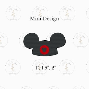 May include: A black and red Mickey Mouse ear hat embroidery design. The design is available in three sizes: 1 inch, 1.5 inches, and 2 inches.