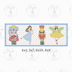 May include: Embroidered design featuring four characters from the Nutcracker ballet: a mouse king, a ballerina, a nutcracker soldier, and a sugar plum fairy. The design is in a rectangular frame with a blue border and a white background.