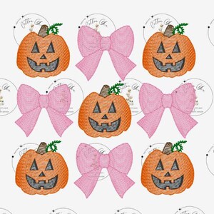 May include: A digital design pattern featuring nine images of orange jack-o'-lantern pumpkins with black eyes, noses, and mouths, and pink bows.