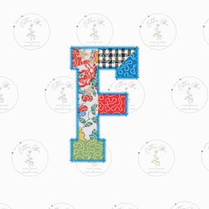 May include: A patchwork letter F made of colorful fabric scraps. The letter is outlined in blue and has a red, white, and blue color scheme.