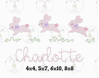 Easter Hopping Bunny Rabbits Girl sketch fill, light fill, quick stitch machine embroidery download file four sizes by Cotton Gin Digitizing