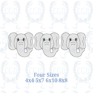 Könnte beinhalten: Drei graue Elefanten-Stickmuster mit großen Ohren und Rüsseln. Unter den Elefanten steht der Text "Four Sizes" mit Größenangaben: 4x4, 5x7, 6x10 und 8x8 Zoll. Der Hintergrund zeigt ein Blumenkranz-Design.